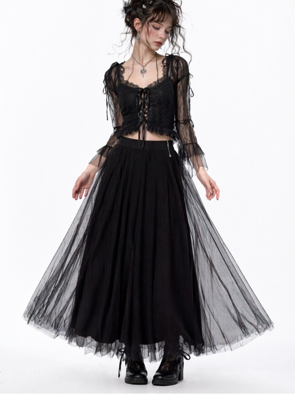 Lena Gabrielle black high rise layered tulle mesh full length maxi skirt size 4